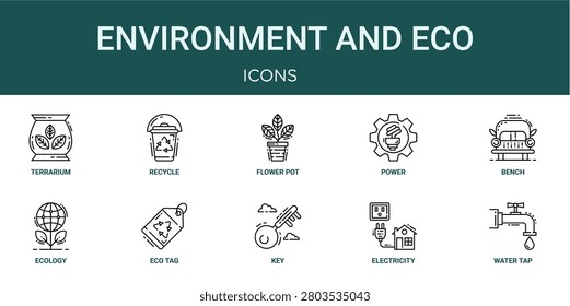 Set of 10 outline Environment and Eco icons for reports, landing pages and application screens. Editable stroke icon pack including terrarium, recycle, bench, ecology and water tap.