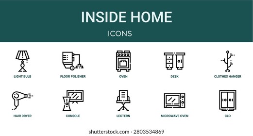 Set of 10 outline Inside Home icons for reports, landing pages and application screens. Editable stroke icon pack including light bulb, floor polisher, clothes hanger, hair dryer and clo.