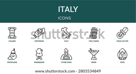 Set of 10 outline Italy icons for reports, landing pages and application screens. Editable stroke icon pack including column, pepperoni, pizza cutter, provolone and pope.