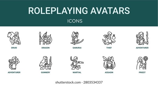 Set of 10 outline Roleplaying Avatars icons for reports, landing pages and application screens. Editable stroke icon pack including druid, dragon, adventurer, adventurer and priest.