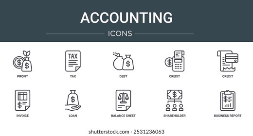 conjunto de 10 ícones contabilistas web outline como lucro, imposto, dívida, crédito, crédito, fatura, empréstimo ícones vetor para relatório, apresentação, diagrama, web design, aplicativo móvel