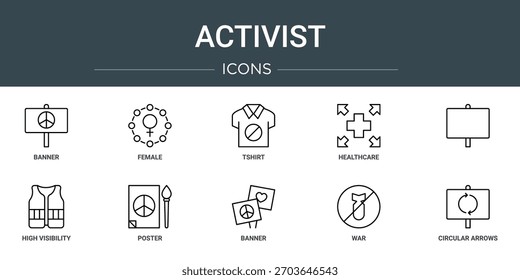 set of 10 outline web activist icons such as banner, female, tshirt, healthcare,  , high visibility, poster vector icons, sign and symbols