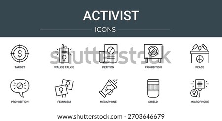 set of 10 outline web activist icons such as target, walkie talkie, petition, prohibition, peace, prohibition, feminism vector icons, sign and symbols