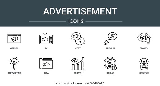 Satz von 10 Umriss Web-Werbung Symbole wie Website, TV, Kosten, Premium, Wachstum, Copywriting, Datenvektor-Symbole, Zeichen und Symbole