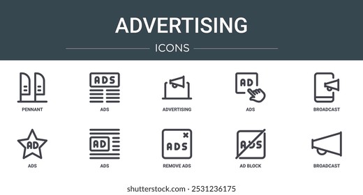 Conjunto de 10 iconos de publicidad de Web de contorno como banderín, anuncios, publicidad, anuncios, transmisión, anuncios, iconos vectoriales para informe, presentación, diagrama, Diseño web, App móvil