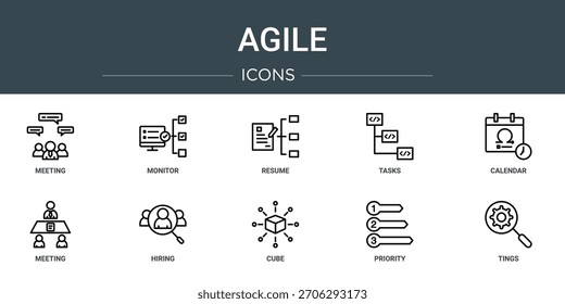 Satz von 10 Gliederungs-Web-agile Symbole wie Meeting, Monitor, Lebenslauf, Aufgaben, Kalender, Meeting, Einstellung Vektorsymbole, Zeichen und Symbole