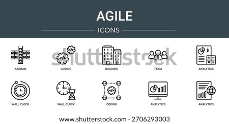 set of 10 outline web agile icons such as kanban, coding, building, team, analytics, wall clock, wall clock vector icons, sign and symbols