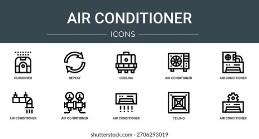 conjunto de 10 ícones de contorno web ar condicionado, tais como umidificador, repetir, resfriamento, ar condicionado, ar condicionado, ícones vetoriais, sinal e símbolos