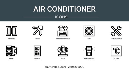 Conjunto de 10 iconos de aire acondicionado de Web de contorno tales como calefacción, swing, aire acondicionado, ventilador, destornillador, split, iconos de vectores remotos, signo y símbolos