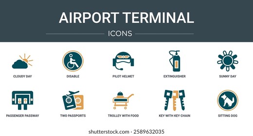 set of 10 outline web airport terminal icons such as cloudy day, disable, pilot helmet, extinguisher, sunny day, passenger passway, two passports vector icons for report, presentation, diagram, web