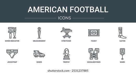 conjunto de 10 ícones de futebol americano web esboço como indicador para baixo, medida, maca, bilhete, gaiter, jockstrap, sapatos ícones vetoriais para relatório, apresentação, diagrama, web design, aplicativo móvel