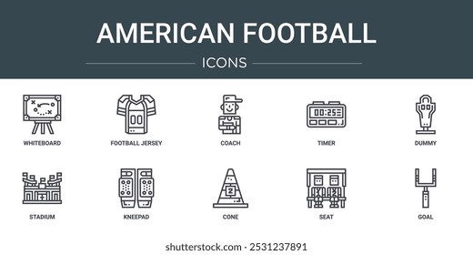 conjunto de 10 ícones de futebol americano web esboço como whiteboard, camisola de futebol, treinador, timer, manequim, estádio, kneepad ícones vetoriais para relatório, apresentação, diagrama, web design, aplicativo móvel
