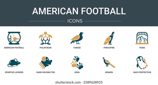 set of 10 outline web american football icons such as american football, polar bear, cheese, porcupine, puma, sportive lockers, hand holding the ball vector icons for report, presentation, diagram,