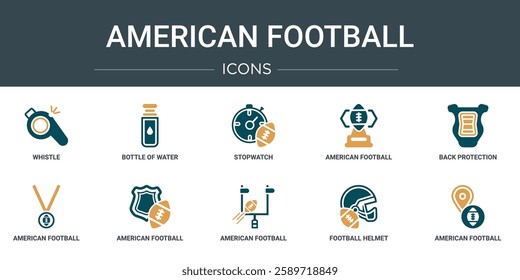 set of 10 outline web american football icons such as whistle, bottle of water, stopwatch, american football cup, back protection, american football medal, team emblem vector icons for report,