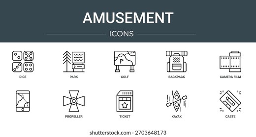 Satz von 10 Umriss Web-Unterhaltung Symbole wie Würfel, Park, Golf, Rucksack, Kamera-Film, , Propeller, Vektorsymbole, Zeichen und Symbole