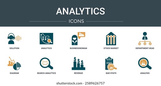 set of 10 outline web analytics icons such as solution, analytics, businesswoman, stock market, department head, diagram, search analytics vector icons for report, presentation, diagram, web design,