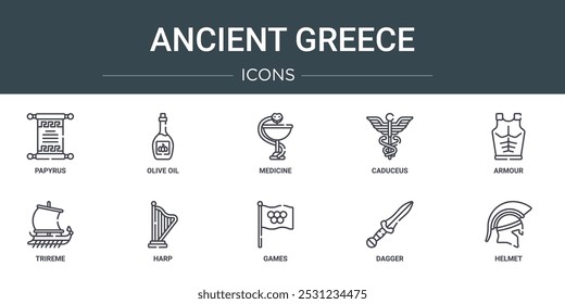 Conjunto de 10 iconos de Web de contorno de Grecia antigua como papiro, aceite de oliva, medicina, caduceo, armadura, trirreme, arpa iconos vectoriales para informe, presentación, diagrama, Diseño web, App móvil