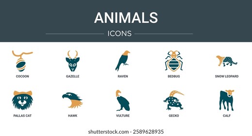 set of 10 outline web animals icons such as cocoon, gazelle, raven, bedbug, snow leopard, pallas cat, hawk vector icons for report, presentation, diagram, web design, mobile app