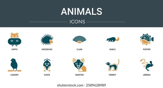 set of 10 outline web animals icons such as hippo, hegdehog, clam, sable, puffer, canary, chick vector icons for report, presentation, diagram, web design, mobile app