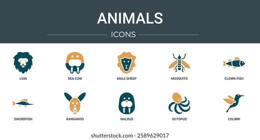 set of 10 outline web animals icons such as lion, sea cow, male sheep, mosquito, clown fish, swordfish, kangaroo vector icons for report, presentation, diagram, web design, mobile app