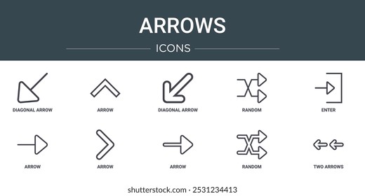 conjunto de 10 ícones de setas da web da estrutura de tópicos como seta diagonal, seta, seta diagonal, aleatório, enter, ícones de vetor para relatório, apresentação, diagrama, web design, aplicativo móvel