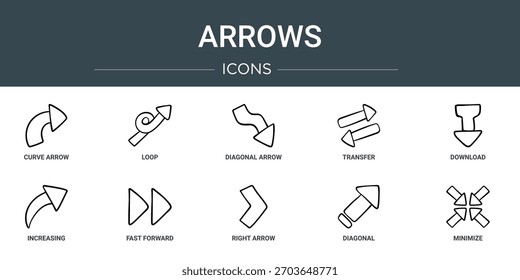 Conjunto de 10 iconos de flechas de Web de contorno como flecha de curva, bucle, flecha diagonal, transferencia, Descarga, aumento, rápido hacia adelante iconos vectoriales, signo y símbolos