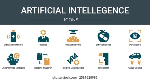 set of 10 outline web artificial intellegence icons such as wireless charging, cyborg, organ printing, synthetic food, eye tracking, unsupervised learning, memory transfer vector icons for report,