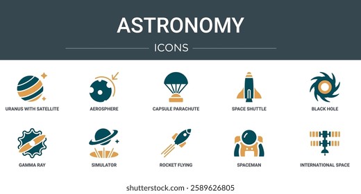 set of 10 outline web astronomy icons such as uranus with satellite, aerosphere, capsule parachute, space shuttle, black hole, gamma ray, simulator vector icons for report, presentation, diagram,