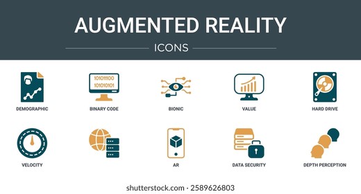 set of 10 outline web augmented reality icons such as demographic, binary code, bionic, value, hard drive, velocity,   vector icons for report, presentation, diagram, web design, mobile app
