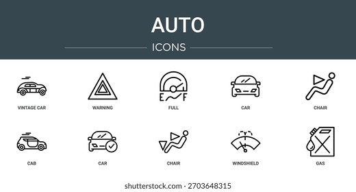 Satz von 10 Umriss Web-Auto-Symbole wie Oldtimer-Auto, Warnung, voll, Auto, Stuhl, Fahrerhaus, Auto Vektor-Symbole, Zeichen und Symbole