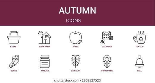 Set of 10 outline web Autumn icons such as bell, sunflower, oak leaf, jam jar, socks, tea cup, calander vector icons for report, presentation, diagram, web design, mobile app