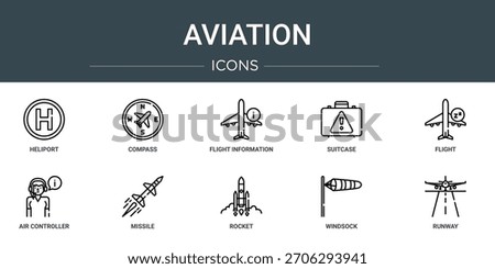 set of 10 outline web aviation icons such as heliport, compass, flight information, suitcase, flight, air controller, missile vector icons, sign and symbols