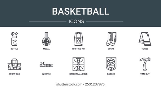 conjunto de 10 ícones de basquete web esboço como garrafa, medalha, kit de primeiros socorros, meias, toalha, saco esporte, apito ícones vetoriais para relatório, apresentação, diagrama, web design, aplicativo móvel