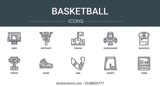 conjunto de 10 ícones de basquete web outline, como hoop, holofote, pódio, cheerleader, mochila, troféu, sapatos ícones vetoriais para relatório, apresentação, diagrama, web design, aplicativo móvel