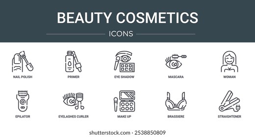 conjunto de 10 delinear web beleza cosméticos ícones como esmalte de unha, primer, sombra de olho, rímel, mulher, epilator, cílios curler vetores ícones para relatório, apresentação, diagrama, web design, móvel