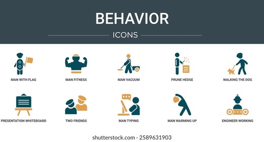 set of 10 outline web behavior icons such as man with flag, man fitness, man vacuum, prune hedge, walking the dog, presentation whiteboard, two friends vector icons for report, presentation,