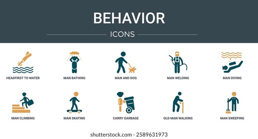 set of 10 outline web behavior icons such as headfirst to water, man bathing, man and dog, man welding, diving, climbing, skating vector icons for report, presentation, diagram, web design, mobile