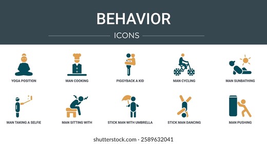 set of 10 outline web behavior icons such as yoga position, man cooking, piggyback a kid, man cycling, man sunbathing, taking a selfie, sitting with headache vector icons for report, presentation,