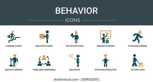 set of 10 outline web behavior icons such as climbing stairs, man wirth carry, waiter with food tray, window cleaning, stick man running, man with broken leg, three men conference vector icons for