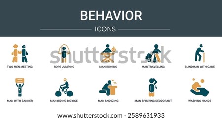 set of 10 outline web behavior icons such as two men meeting, rope jumping, man ironing, man travelling, blindman with cane, man with banner, riding bicylce vector icons for report, presentation,