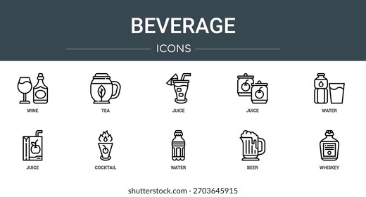 set of 10 outline web beverage icons such as wine, tea, juice, juice, water, juice, cocktail vector icons, sign and symbols