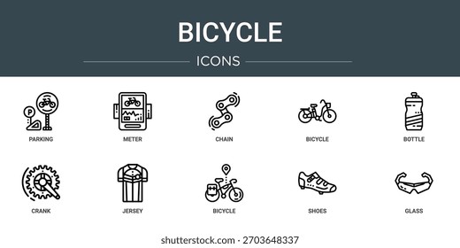 Satz von 10 Umriss Web-Fahrrad-Symbole wie Parkplatz, Meter, Kette, Fahrrad, Flasche, Kurbel, Jersey, Vektorsymbole, Zeichen und Symbole