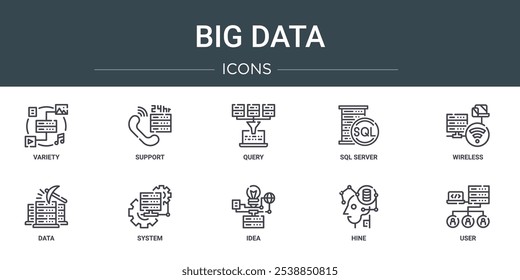 conjunto de 10 ícones de grandes dados da web de estrutura de tópicos, como variedade, suporte, consulta, sql server, sem fio, dados, ícones de vetor do sistema para relatório, apresentação, diagrama, web design, aplicativo móvel