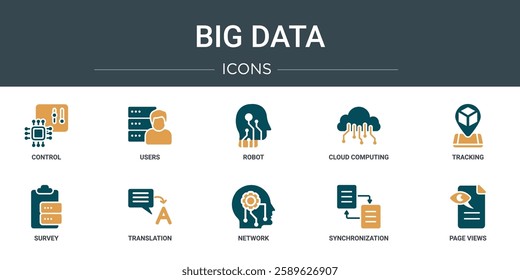 set of 10 outline web big data icons such as control, users, robot, cloud computing, tracking, survey, translation vector icons for report, presentation, diagram, web design, mobile app
