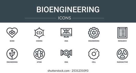 set of 10 outline web bioengineering icons such as bond, coding, dna, engineering, research, engineering, atom vector icons for report, presentation, diagram, web design, mobile app