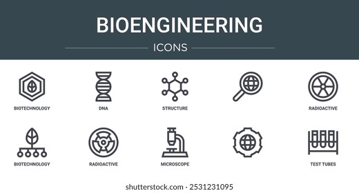 conjunto de 10 ícones de esboço de bioengenharia da web, como biotecnologia, dna, estrutura, , radioativo, biotecnologia, ícones de vetor radioativo para relatório, apresentação, diagrama, web design, aplicativo móvel