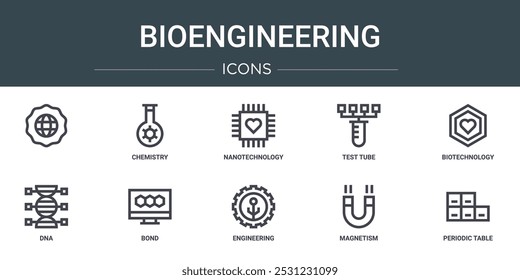 set of 10 outline web bioengineering icons such as  , chemistry, nanotechnology, test tube, biotechnology, dna, bond vector icons for report, presentation, diagram, web design, mobile app