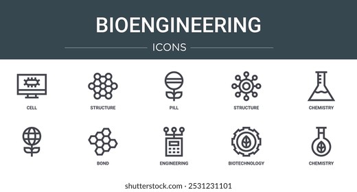 set of 10 outline web bioengineering icons such as cell, structure, pill, structure, chemistry,  , bond vector icons for report, presentation, diagram, web design, mobile app