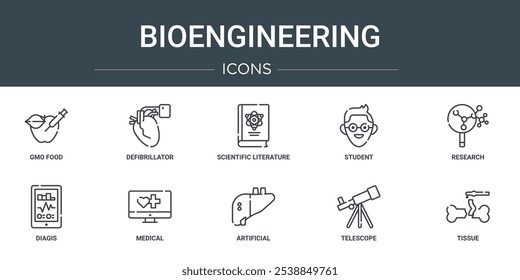 conjunto de 10 ícones de bioengenharia web esboço, como alimentos de ogm, desfibrilador, literatura científica, estudante, pesquisa, diagnóstico, ícones de vetor médico para relatório, apresentação, diagrama, web design,