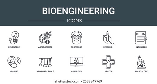 conjunto de 10 ícones da web da bioengenharia como renovável, agrícola, professor, pesquisa, incubadora, audição, newtons cradle vetorial para o relatório, apresentação, diagrama, web design, móvel